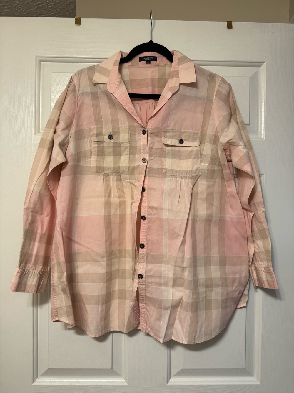 Women’s Burberry Pink and Cream Plaid Casual Button-Down Shirt